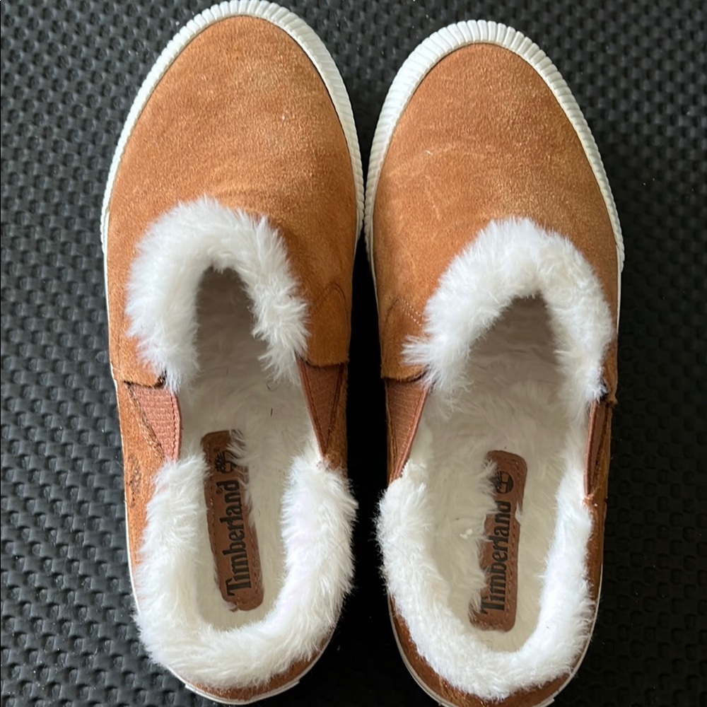 Timberland Tan Slip-On Shoes with White Fur